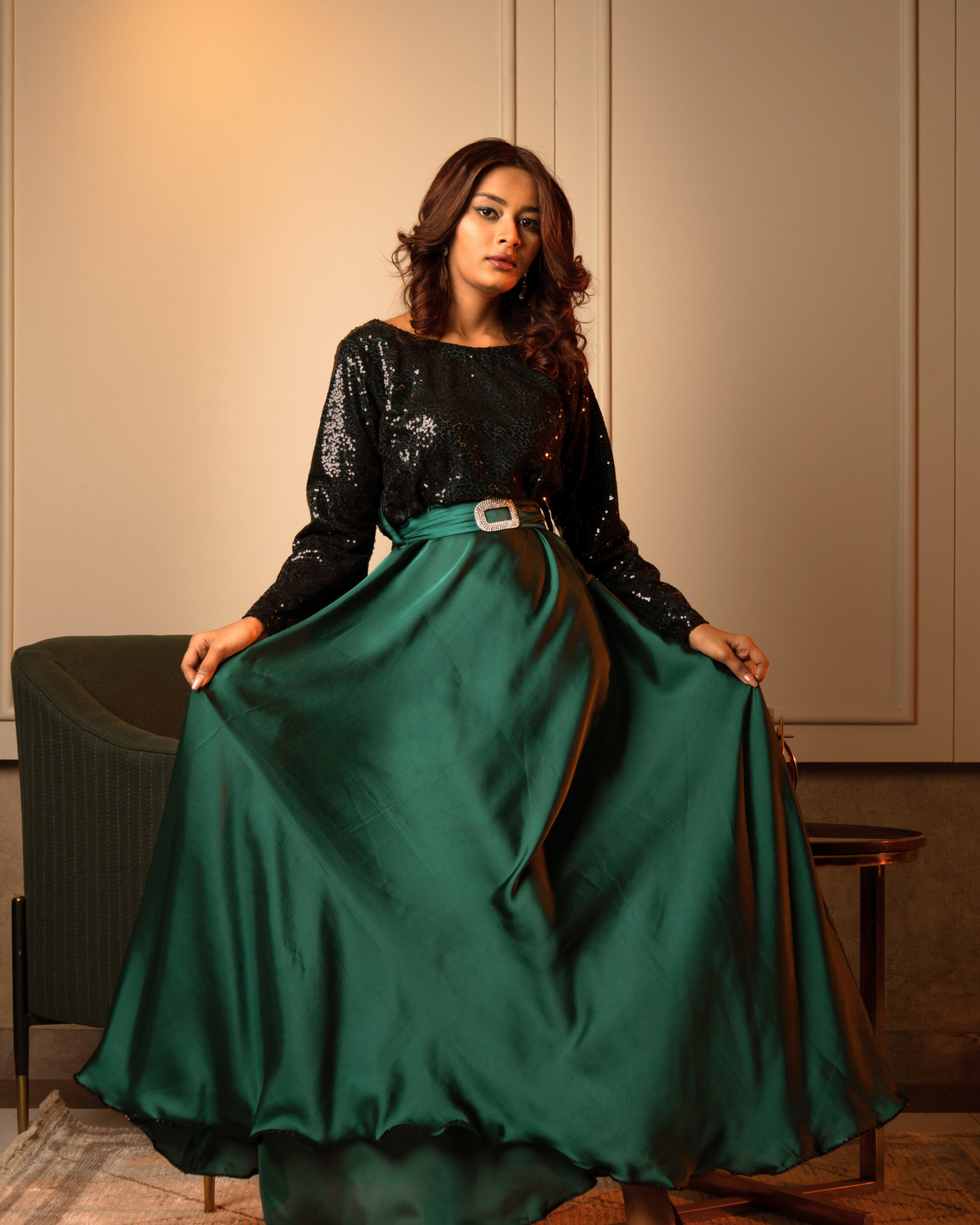 Majestic Emerald - A Timeless Gown with Sequin Elegance