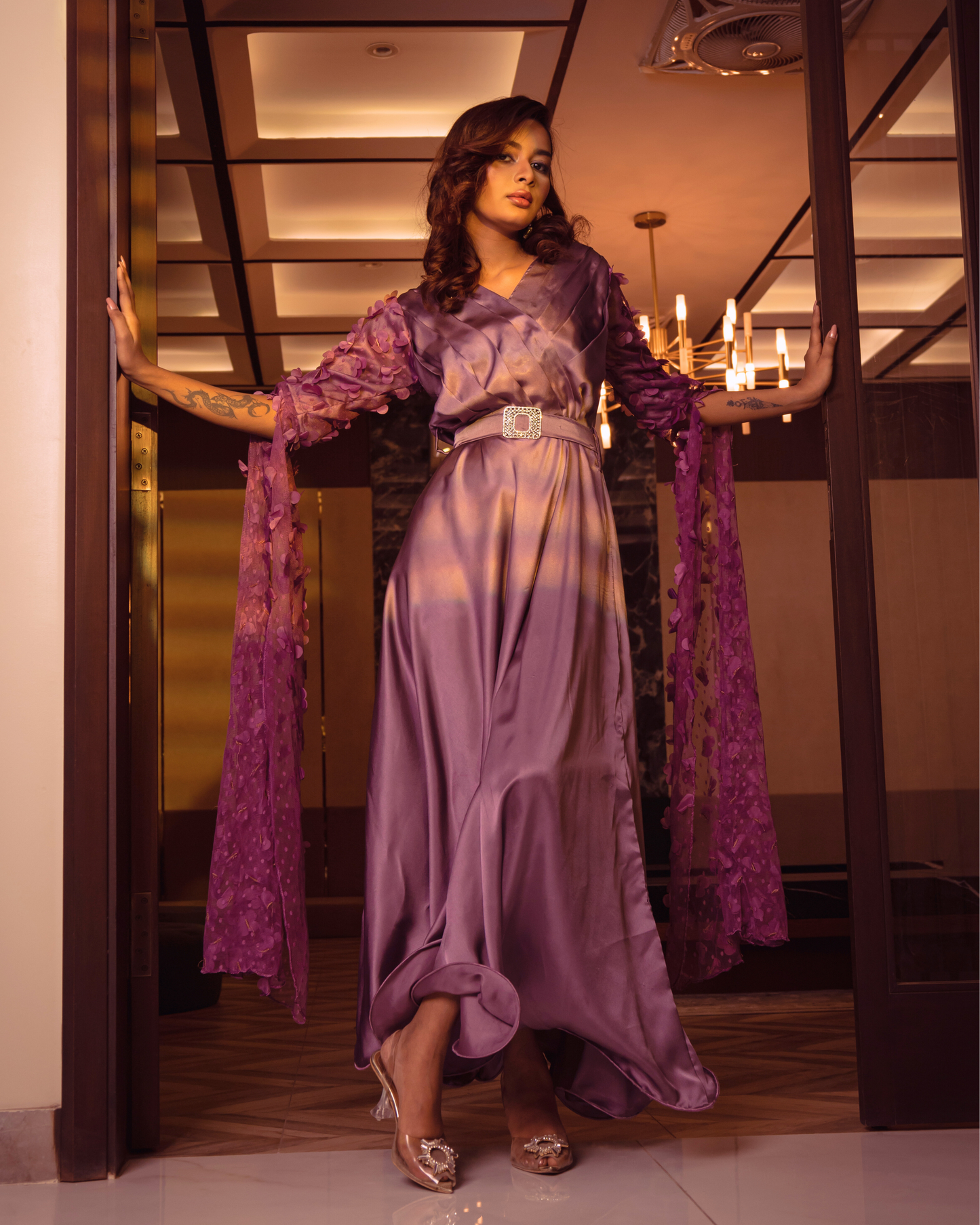 Lilac Enchantment – A Maxi Gown with Elegant 3D Butterfly Sleeves