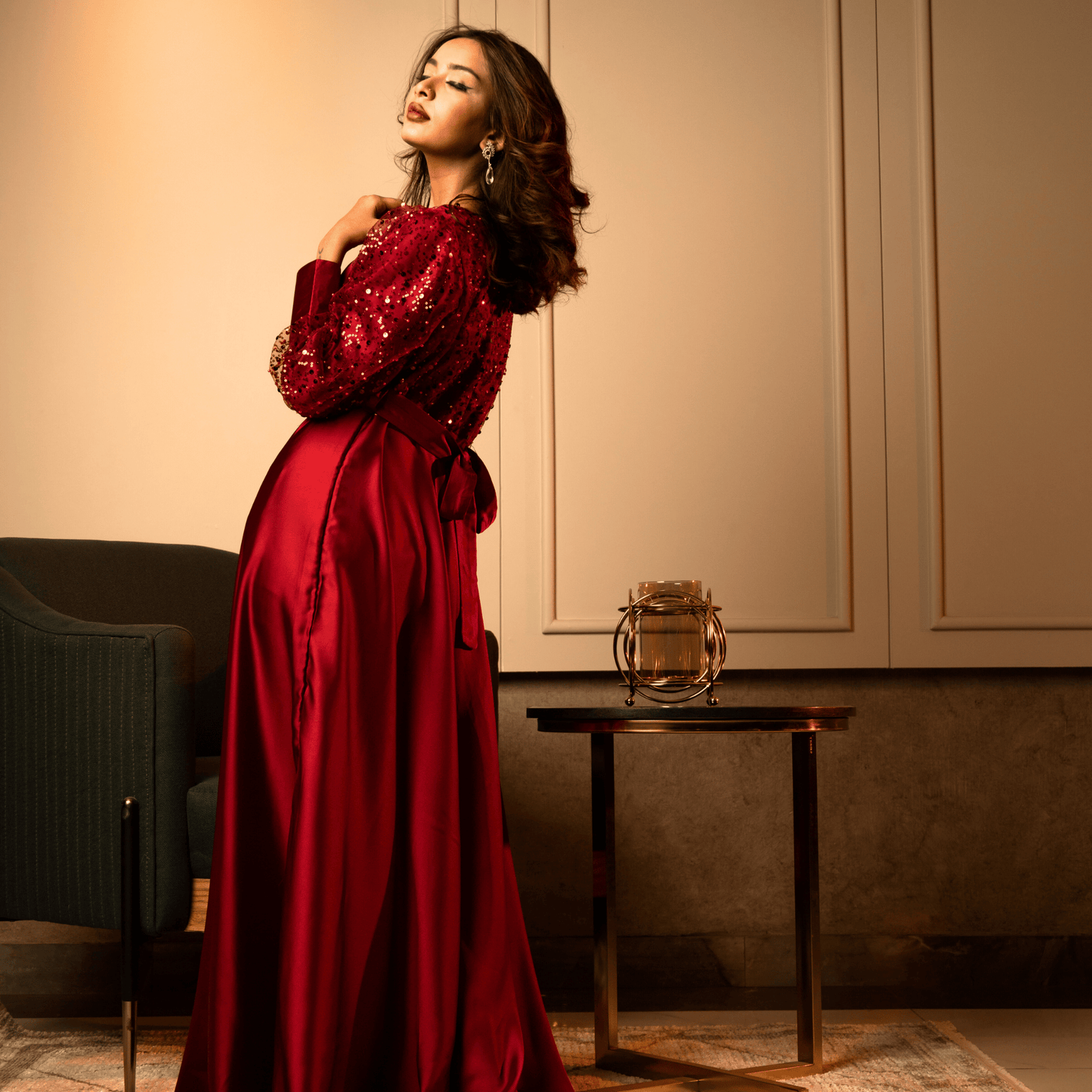 Regal Scarlet - A Royal Evening Gown with Sequin Brilliance