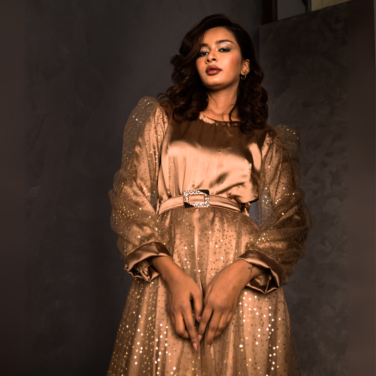 Golden Sands gown fabric – shimmering golden sequin net layered over soft satin silk for a luxurious finish