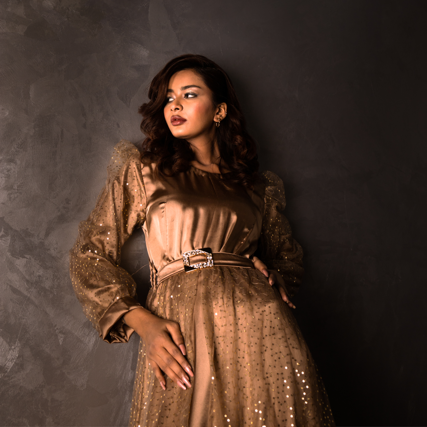 Golden Sands maxi dress – hijab-friendly golden sequin net puff sleeves with soft lining for comfort and modesty.