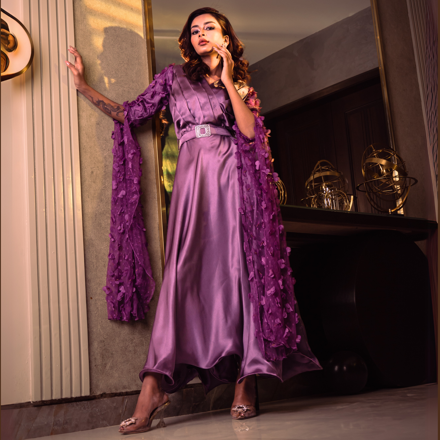 Lilac satin silk gown with 3D butterfly embroidered sleeves and lace-up back closure.