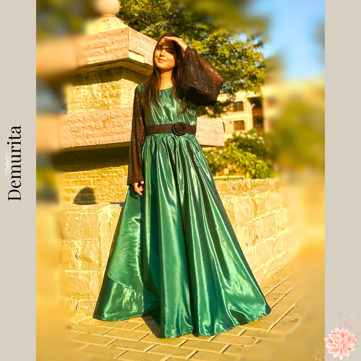 Emerald Enchantress - Green Katan Silk Maxi Dress with Black Bell Design Sleeves with Black Sequin Details