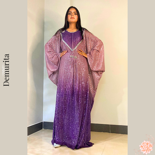 Amethyst Bloom Kaftan - Double Tone Soft Net Pink and Purple Flowy Kaftan Adorned Fully with Sequins