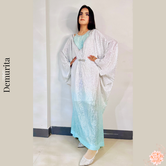 Celestial Tide Kaftan - Double Tone Soft Net White and Aqua Flowy Kaftan Adorned Fully with Sequins