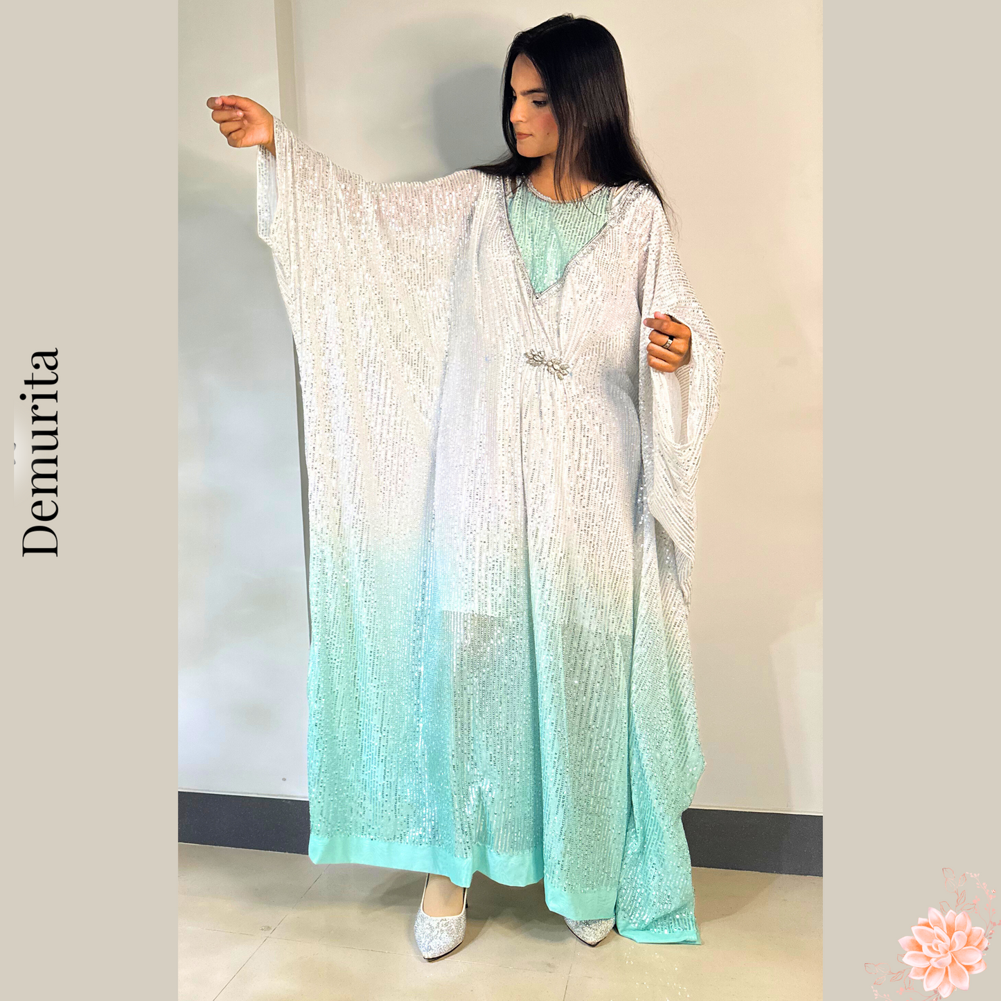 Celestial Tide Kaftan - Double Tone Soft Net White and Aqua Flowy Kaftan Adorned Fully with Sequins