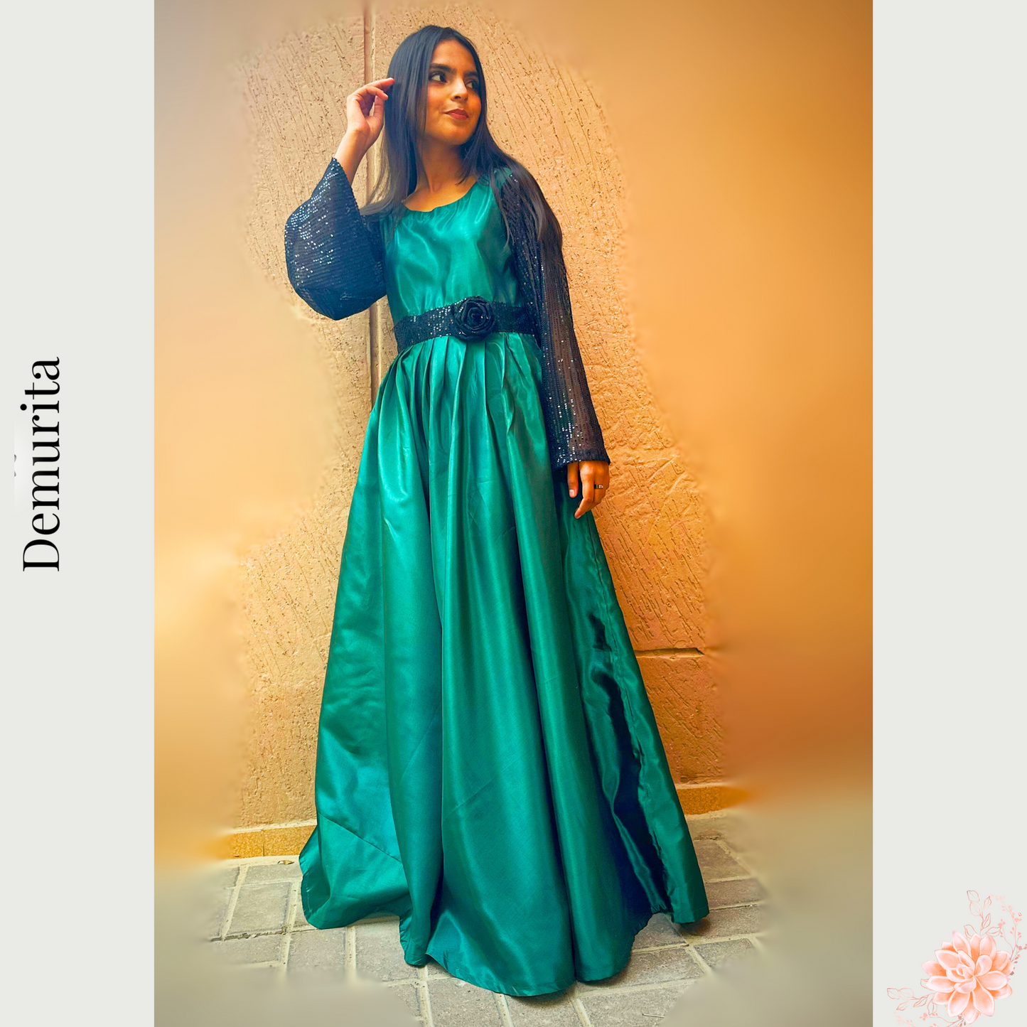 Emerald Enchantress - Green Katan Silk Maxi Dress with Black Bell Design Sleeves with Black Sequin Details