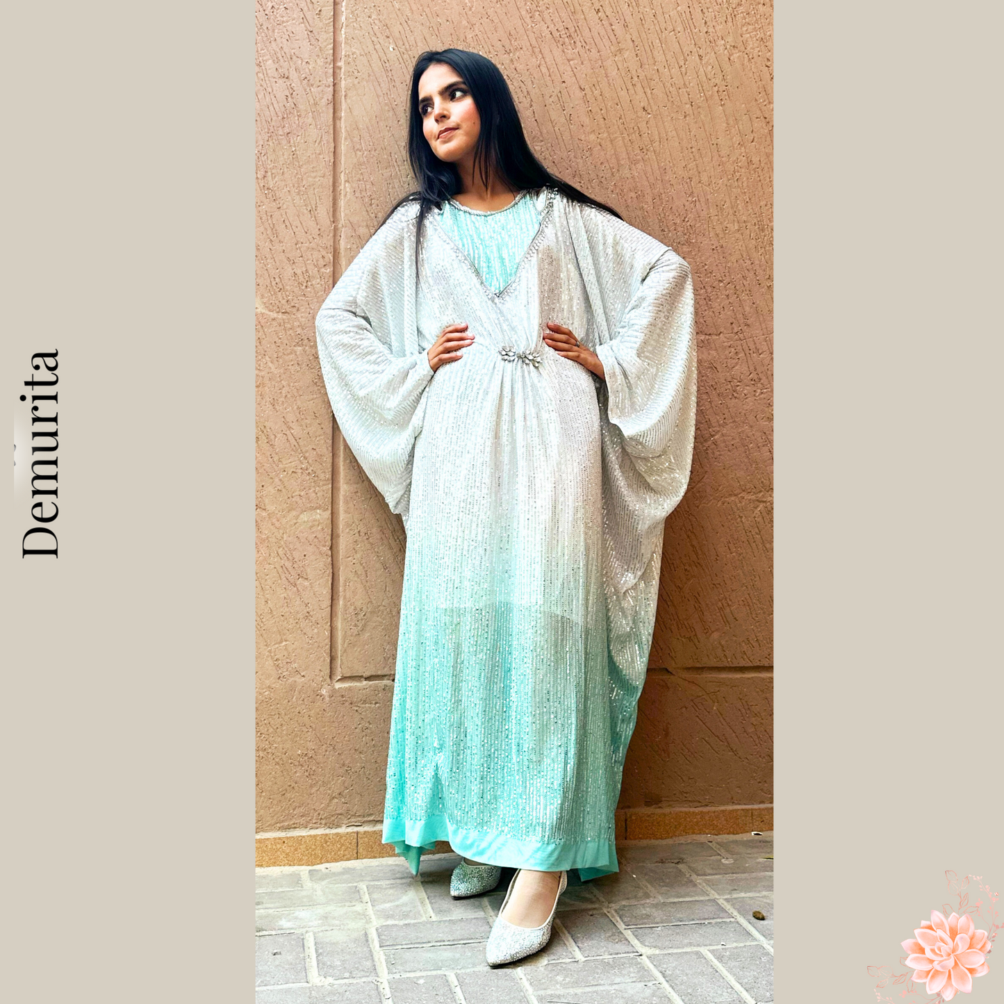 Celestial Tide Kaftan - Double Tone Soft Net White and Aqua Flowy Kaftan Adorned Fully with Sequins