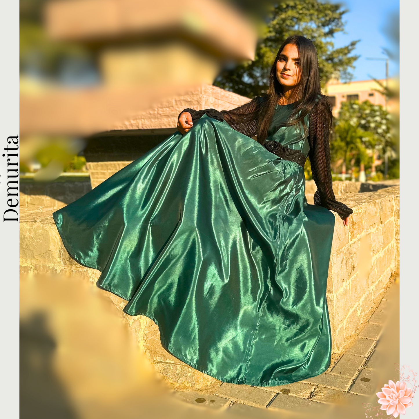 Emerald Enchantress - Green Katan Silk Maxi Dress with Black Bell Design Sleeves with Black Sequin Details