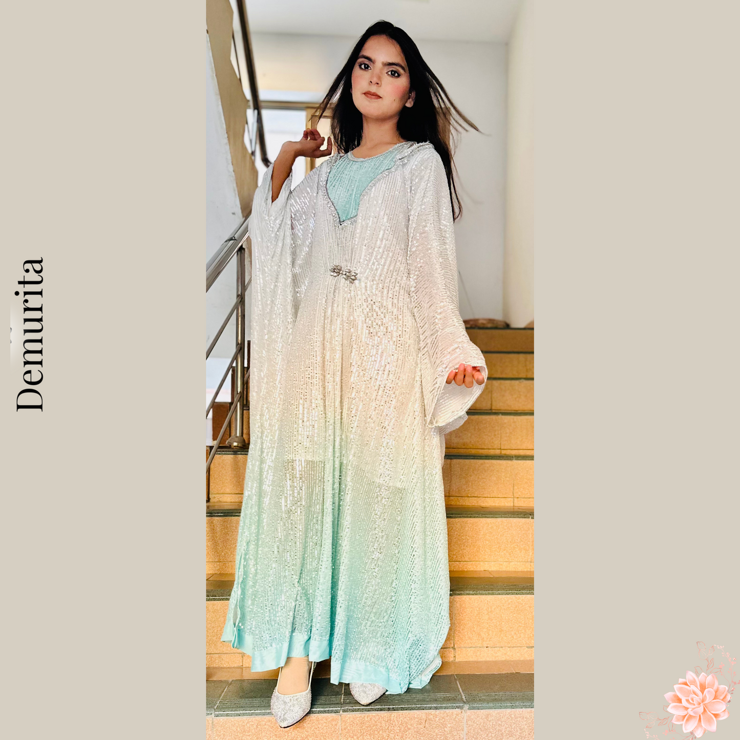 Celestial Tide Kaftan - Double Tone Soft Net White and Aqua Flowy Kaftan Adorned Fully with Sequins